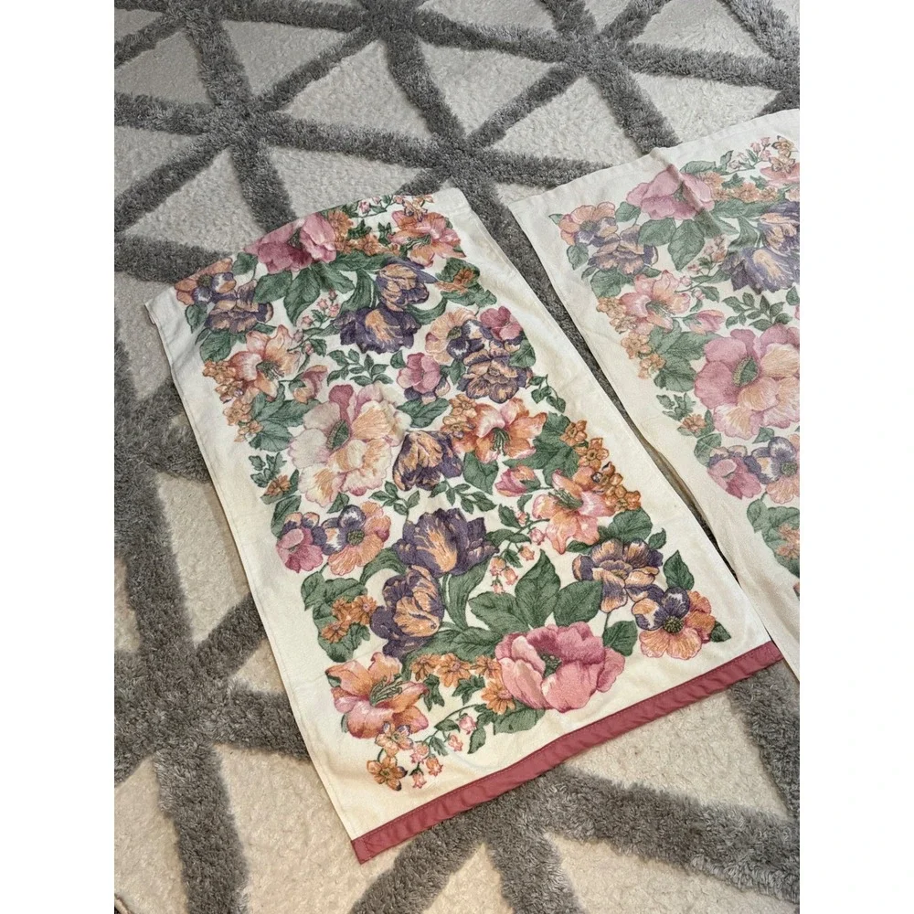 VTG Bath Towels Floral Pink Purple Orange Cream Botanical Garden‎ Set of 3 Retro
